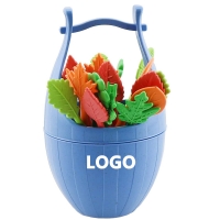 Fruit Fork 16pcs Mixed Color Leaf Shape  with a Blue Bucket